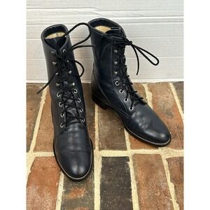 Vintage Justin Navy Blue Leather Ropers Lace Up Cowboy Boots Women's 7 B Western